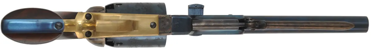Model 1847 Colt Walker revolver,
.44 caliber, 9" barrel,
percussion, fire blue finish, walnut grips,
leather flap holster, used, by Aldo Uberti