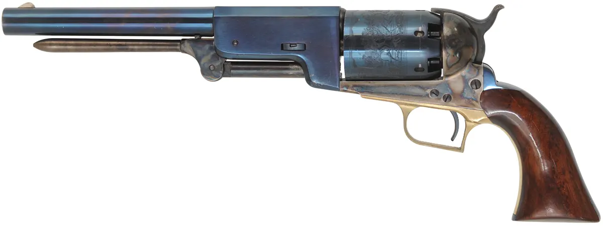 Model 1847 Colt Walker revolver,
.44 caliber, 9" barrel,
percussion, fire blue finish, walnut grips,
leather flap holster, used, by Aldo Uberti
