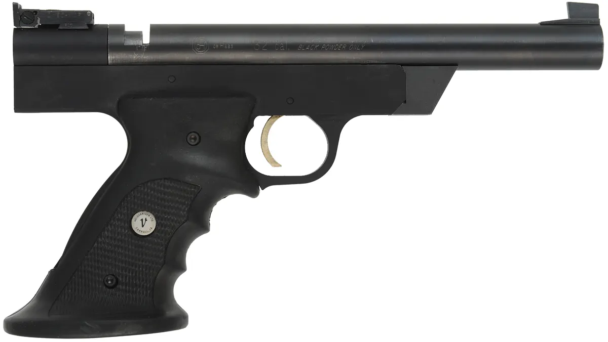 InLine Lightning Mk I Match Target Pistol,
.32 caliber, 9" deHaas barrel, 
percussion, blued, rubber grip, used, by Cimarron Gun Works