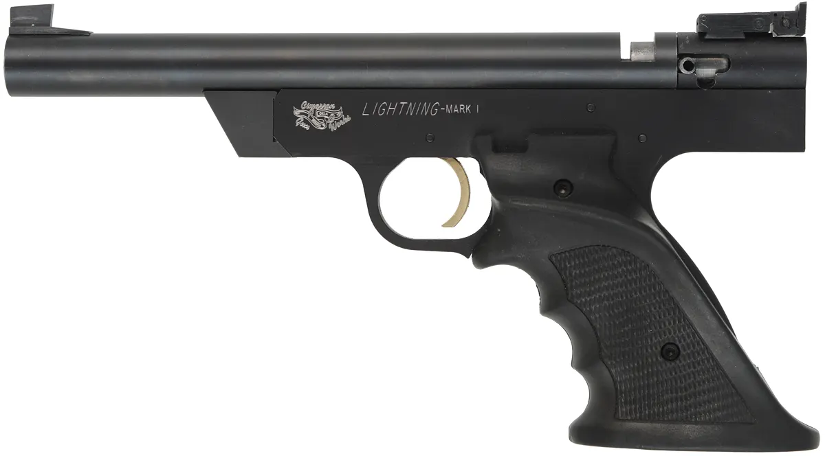 InLine Lightning Mk I Match Target Pistol,
.32 caliber, 9" deHaas barrel, 
percussion, blued, rubber grip, used, by Cimarron Gun Works