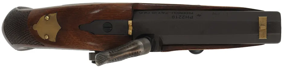 Philadelphia Derringer,
.45 caliber, 2-1/2" barrel,
percussion, walnut, brass trim, 
as-new, by Davide Pedersoli & Co.