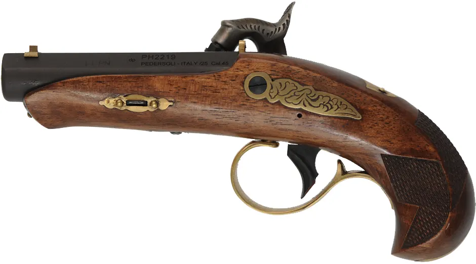 Philadelphia Derringer,
.45 caliber, 2-1/2" barrel,
percussion, walnut, brass trim, 
as-new, by Davide Pedersoli & Co.