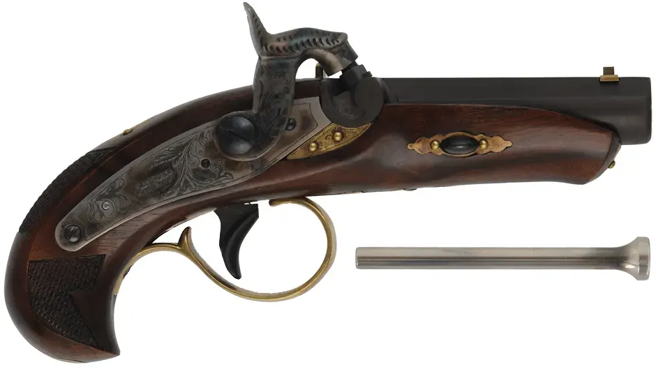 Philadelphia Derringer,
.45 caliber, 2-1/2" barrel,
percussion, walnut, brass trim, 
as-new, by Davide Pedersoli & Co.
