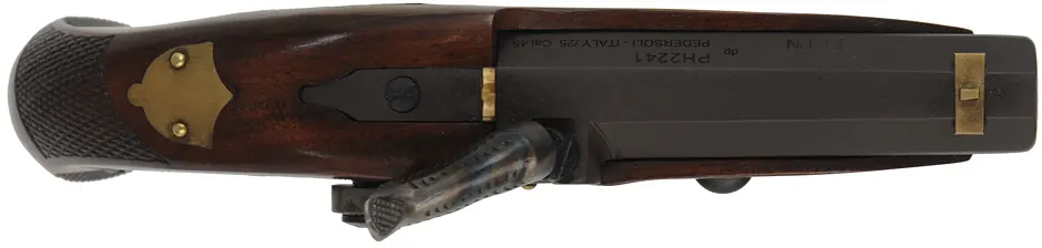 Philadelphia Derringer,
.45 caliber, 2-1/2" barrel,
percussion, walnut, brass trim, 
as-new, by Davide Pedersoli & Co.