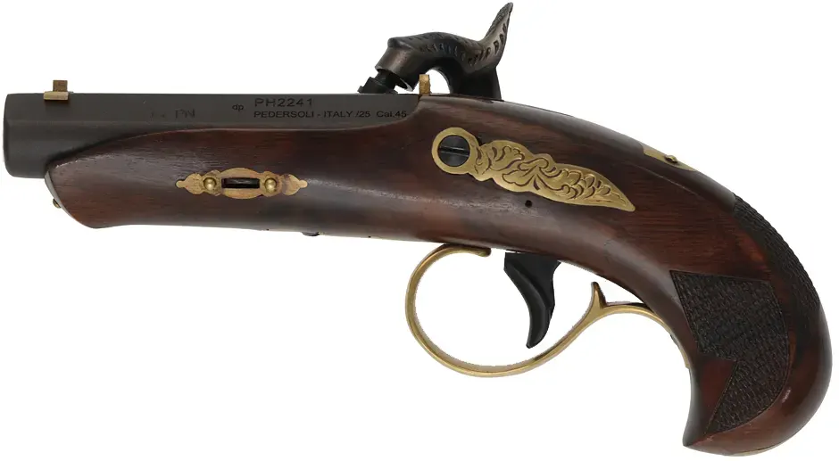 Philadelphia Derringer,
.45 caliber, 2-1/2" barrel,
percussion, walnut, brass trim, 
as-new, by Davide Pedersoli & Co.