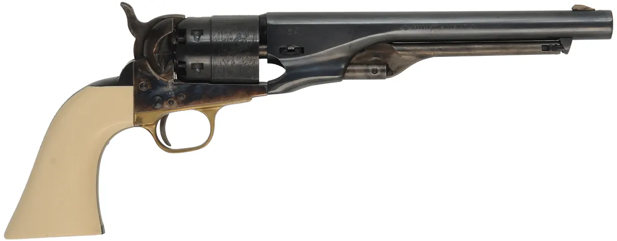 1860 Colt Army Revolver,
.44 caliber, 8" barrel, 
percussion, four screw frame, faux ivory grips,
used, by Pietta