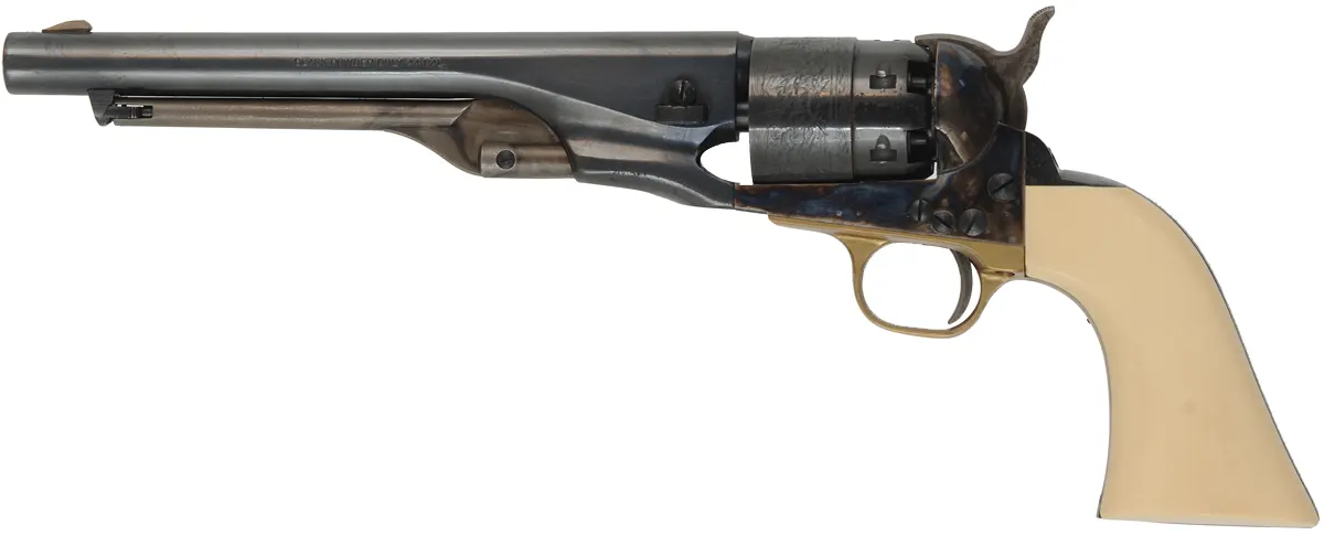 1860 Colt Army Revolver,
.44 caliber, 8" barrel, 
percussion, four screw frame, faux ivory grips,
used, by Pietta