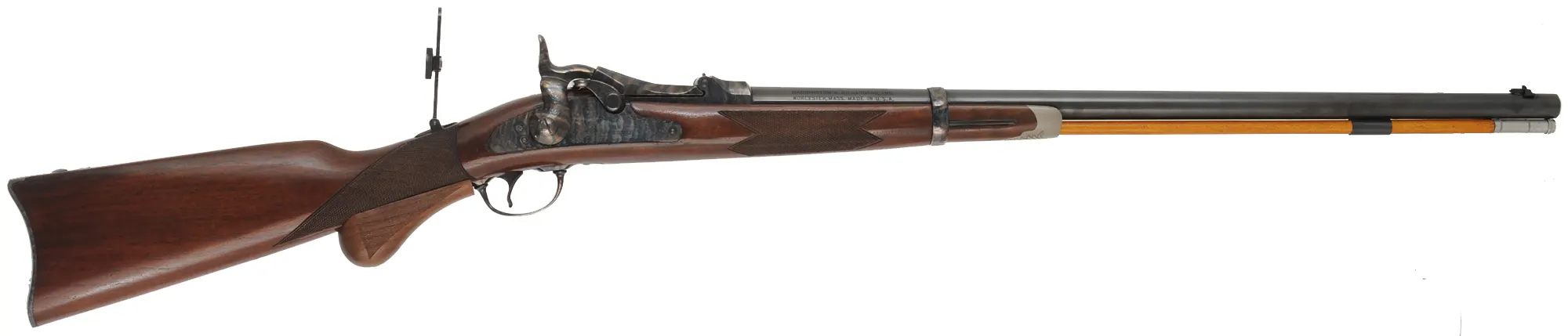 U. S. Model 1873 Officer's Rifle,
caliber .45-70 Government, 26" barrel,
walnut, iron, beach's front sight, tang sight, 
used, by Harrington & Richardson