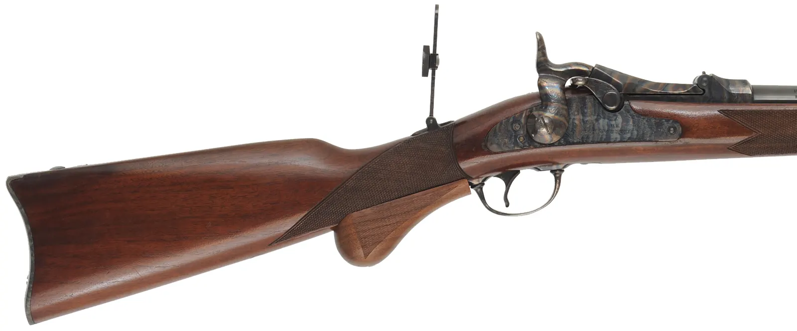 U. S. Model 1873 Officer's Rifle,
caliber .45-70 Government, 26" barrel,
walnut, iron, beach's front sight, tang sight, 
used, by Harrington & Richardson