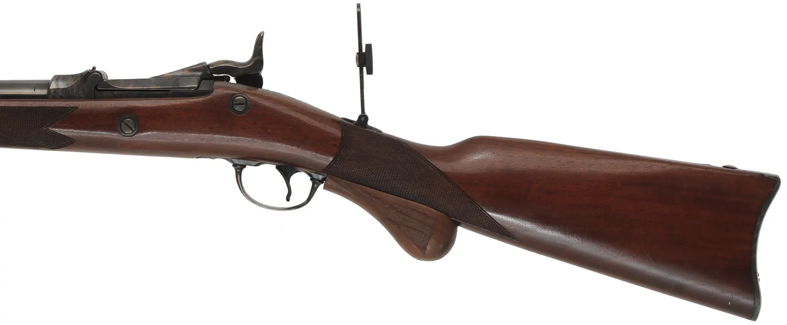 U. S. Model 1873 Officer's Rifle,
caliber .45-70 Government, 26" barrel,
walnut, iron, beach's front sight, tang sight, 
used, by Harrington & Richardson