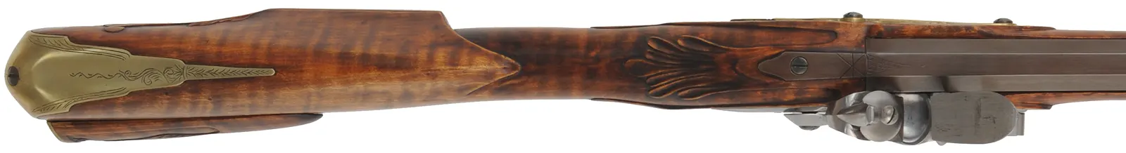 Virginia Longrifle,
.50 caliber, 42" Rice swamped barrel,
flintlock, curly maple, brass trim,
new, by Thom Frazier