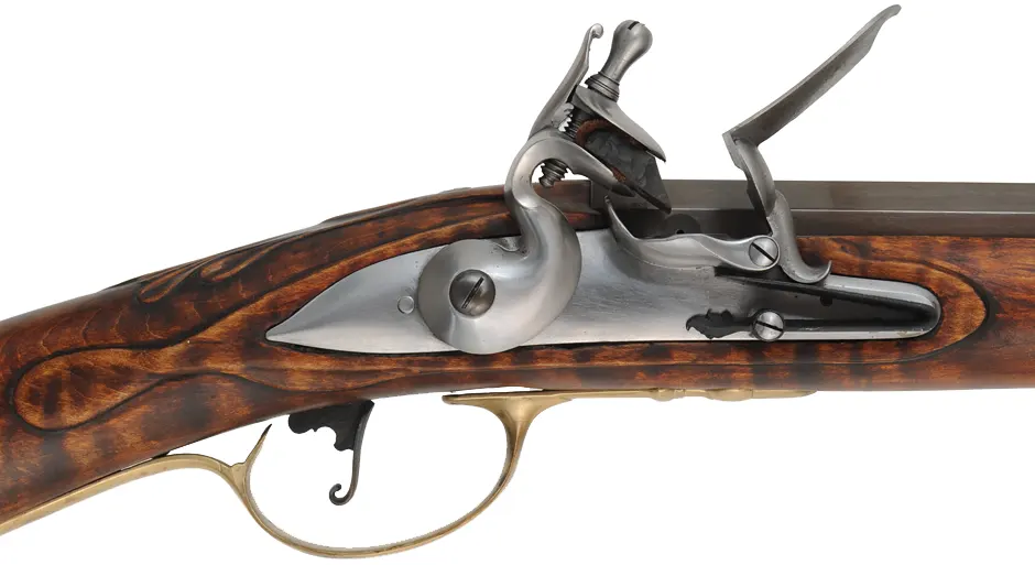 Virginia Longrifle,
.50 caliber, 42" Rice swamped barrel,
flintlock, curly maple, brass trim,
new, by Thom Frazier