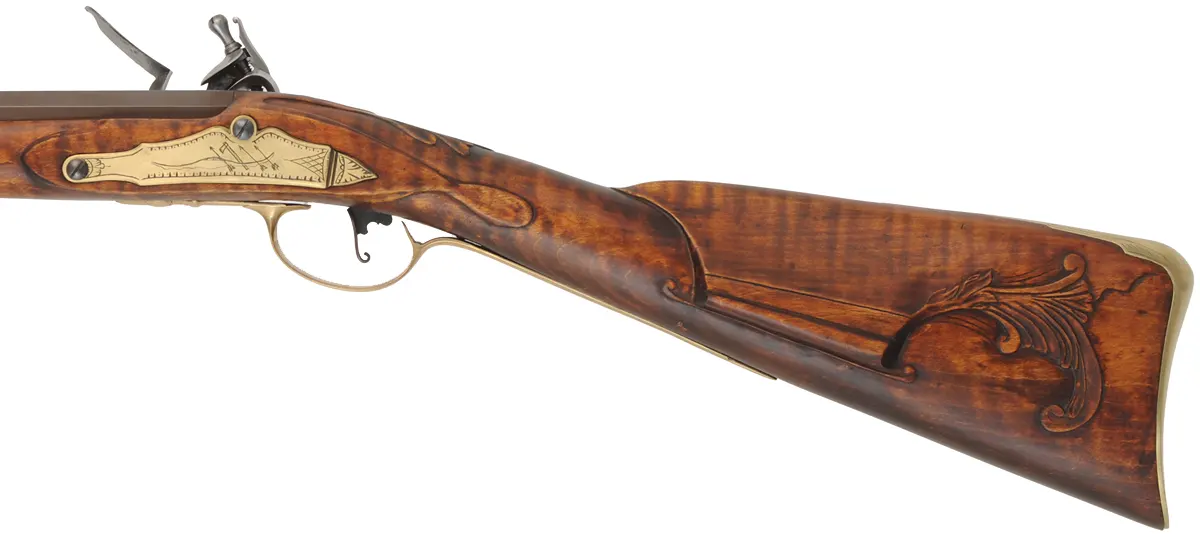Virginia Longrifle,
.50 caliber, 42" Rice swamped barrel,
flintlock, curly maple, brass trim,
new, by Thom Frazier