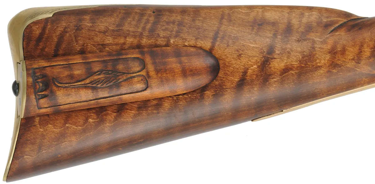 Virginia Longrifle,
.50 caliber, 42" Rice swamped barrel,
flintlock, curly maple, brass trim,
new, by Thom Frazier