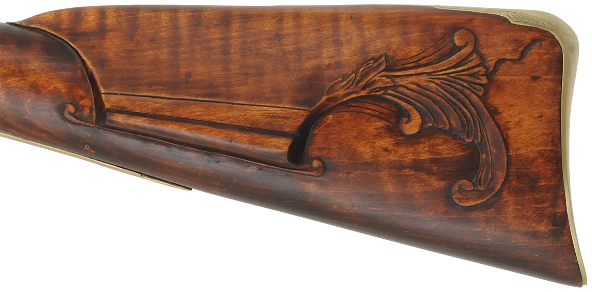 Virginia Longrifle,
.50 caliber, 42" Rice swamped barrel,
flintlock, curly maple, brass trim,
new, by Thom Frazier