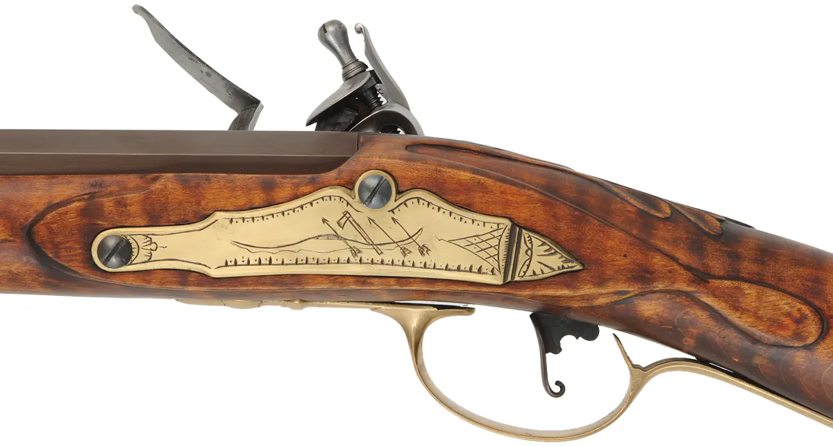 Virginia Longrifle,
.50 caliber, 42" Rice swamped barrel,
flintlock, curly maple, brass trim,
new, by Thom Frazier