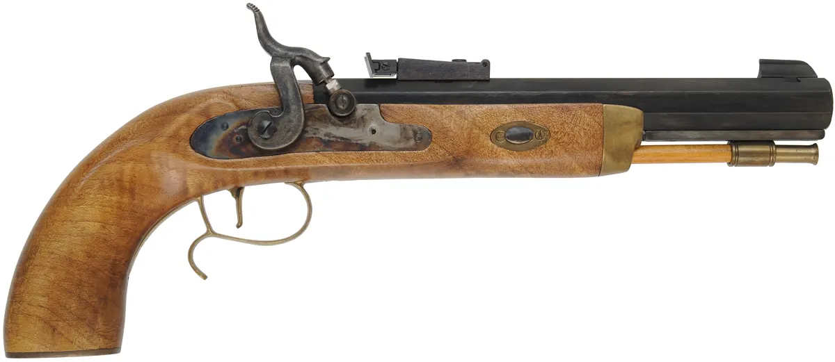 CVA Hawken Pistol,
.50 caliber, 10" barrel, 
beech, brass, percussion, used