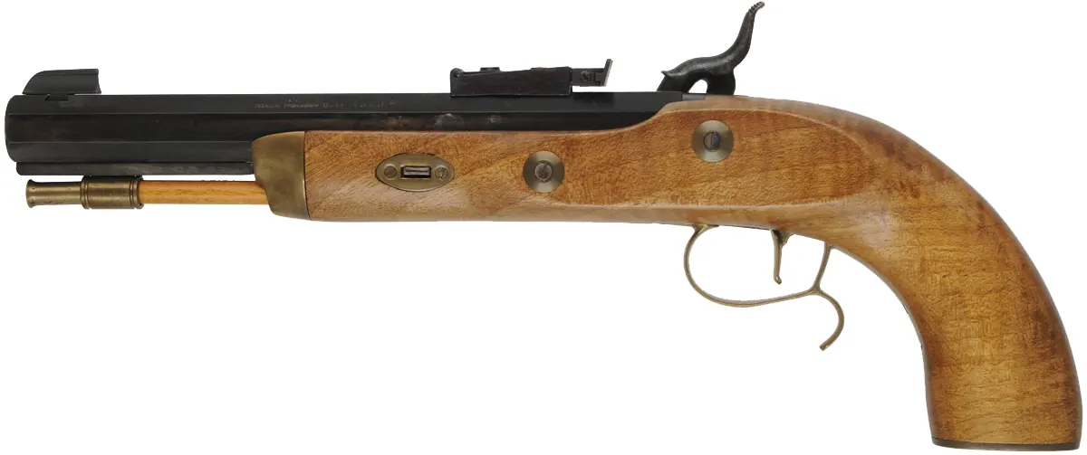 CVA Hawken Pistol,
.50 caliber, 10" barrel, 
beech, brass, percussion, used
