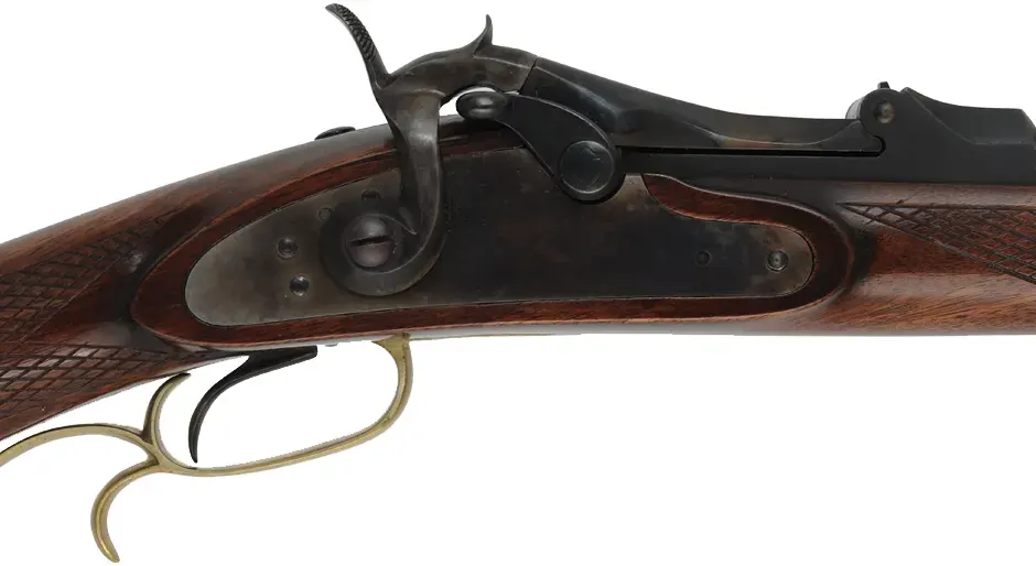 Trapdoor Springfield Sporting Rifle
caliber .40-65, 31-1/2" Green Mountain barrel,
checkered walnut stock, brass trim, pewter forend cap, used