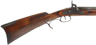 Fullstock Southern Mountain Rifle,
.45 caliber, 43" Rice swamped barrel,
L&R percussion lock,  maple, forged iron trim, 
used, by J. Donelson