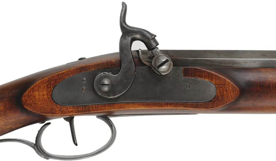 Fullstock Southern Mountain Rifle,
.45 caliber, 43" Rice swamped barrel,
L&R percussion lock,  maple, forged iron trim, 
used, by J. Donelson
