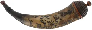 Powder Horn,
13-1/2", beehive base,
patriotic scrimshaw paneled tip
