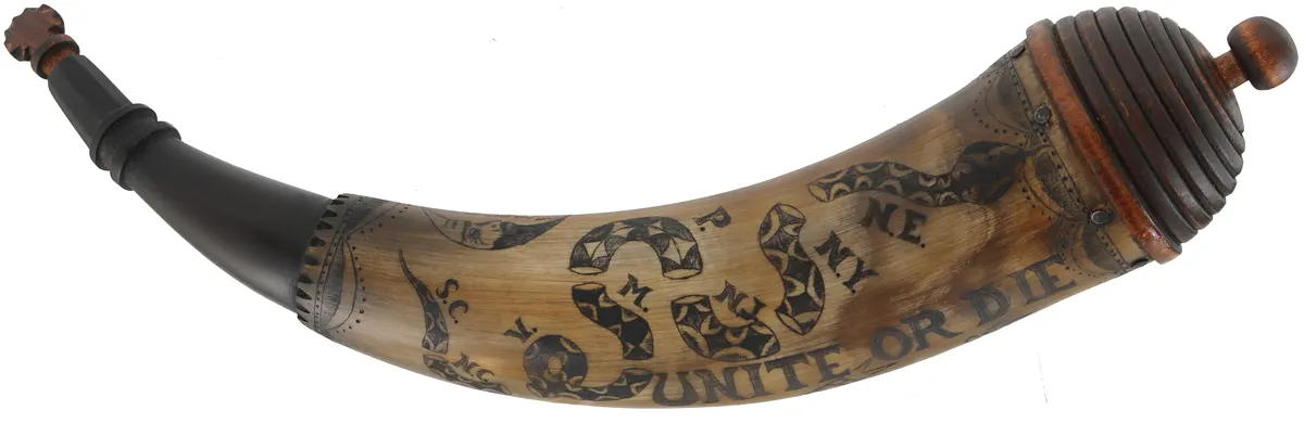 Powder Horn,
13-1/2", beehive base,
patriotic scrimshaw paneled tip