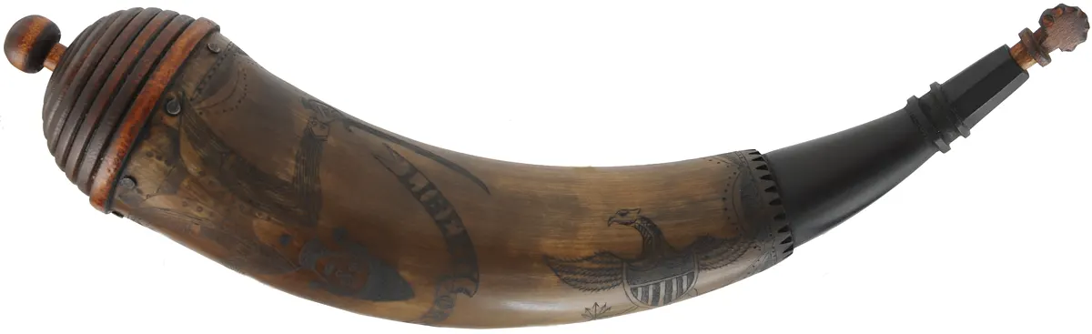 Powder Horn,
13-1/2", beehive base,
patriotic scrimshaw paneled tip