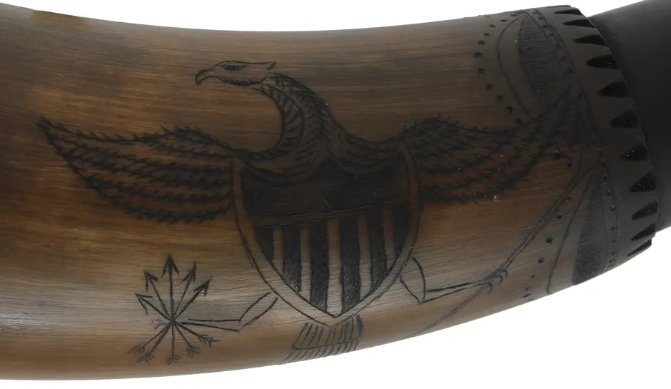 Powder Horn,
13-1/2", beehive base,
patriotic scrimshaw paneled tip