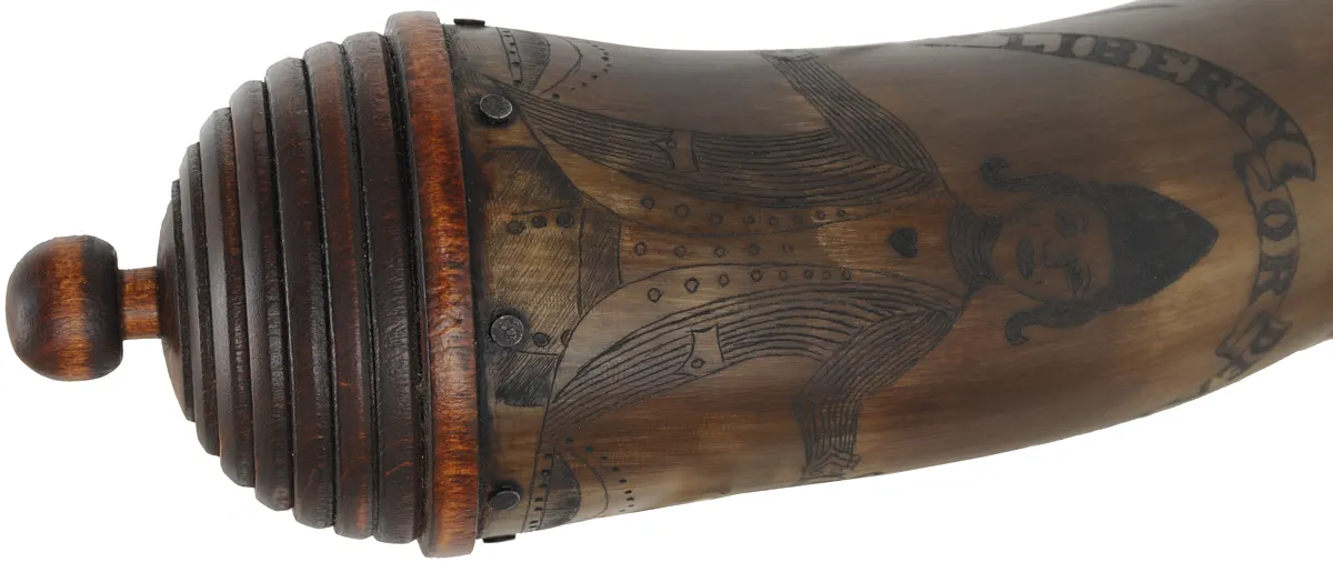 Powder Horn,
13-1/2", beehive base,
patriotic scrimshaw paneled tip