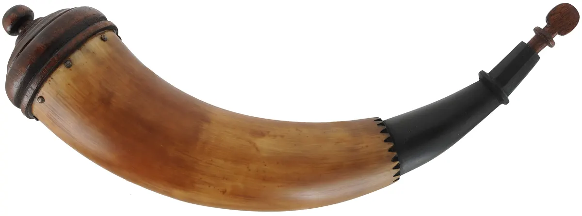 Powder Horn,
12-1/2",  turned base,
engrailed, paneled tip