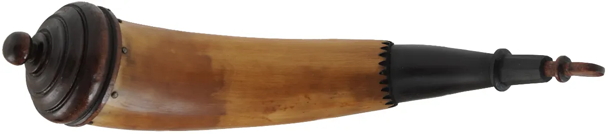 Powder Horn,
12-1/2",  turned base,
engrailed, paneled tip