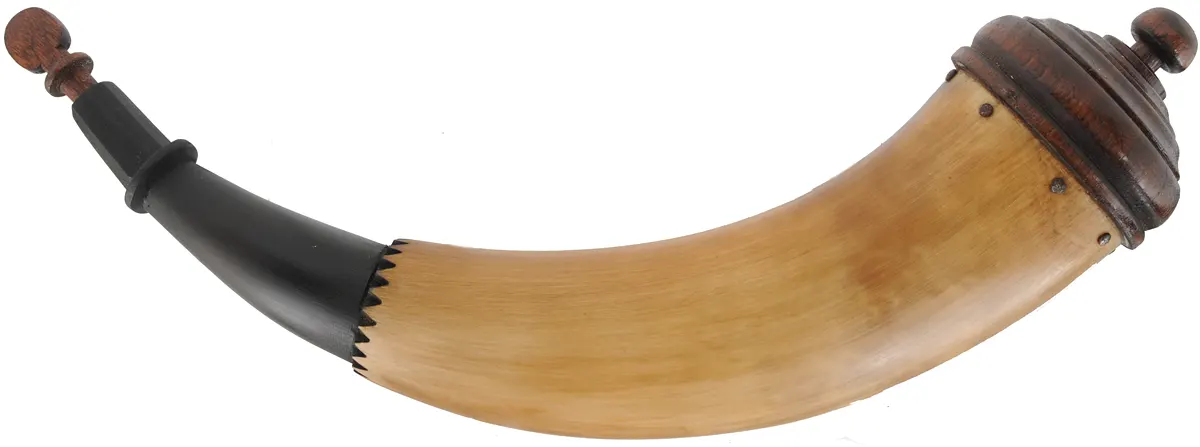 Powder Horn,
12-1/2",  turned base,
engrailed, paneled tip