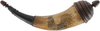 Powder Horn,
11-3/4", turned base,
paneled tip, scrimshaw rooster