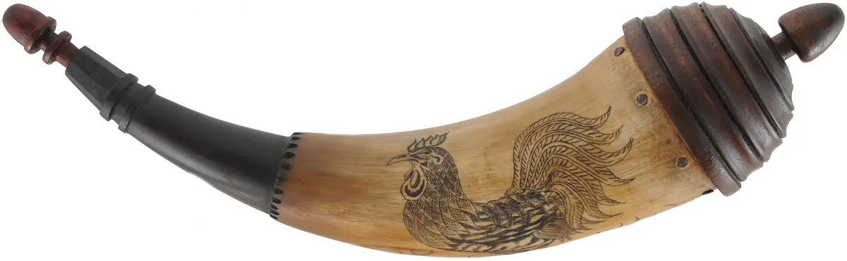 Powder Horn,
11-3/4", turned base,
paneled tip, scrimshaw rooster