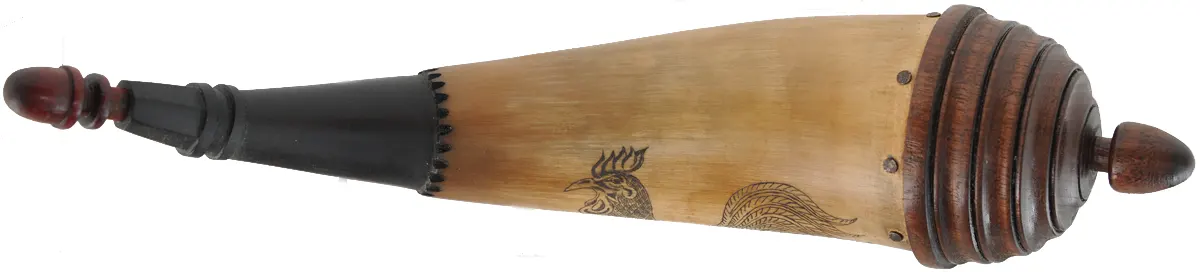 Powder Horn,
11-3/4", turned base,
paneled tip, scrimshaw rooster
