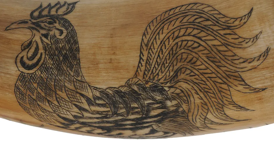 Powder Horn,
11-3/4", turned base,
paneled tip, scrimshaw rooster