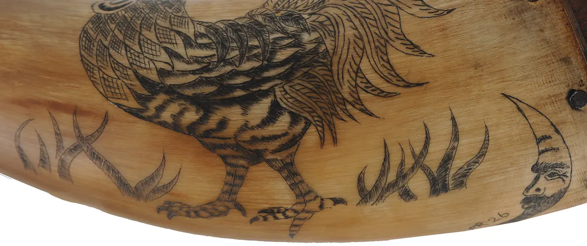 Powder Horn,
11-3/4", turned base,
paneled tip, scrimshaw rooster