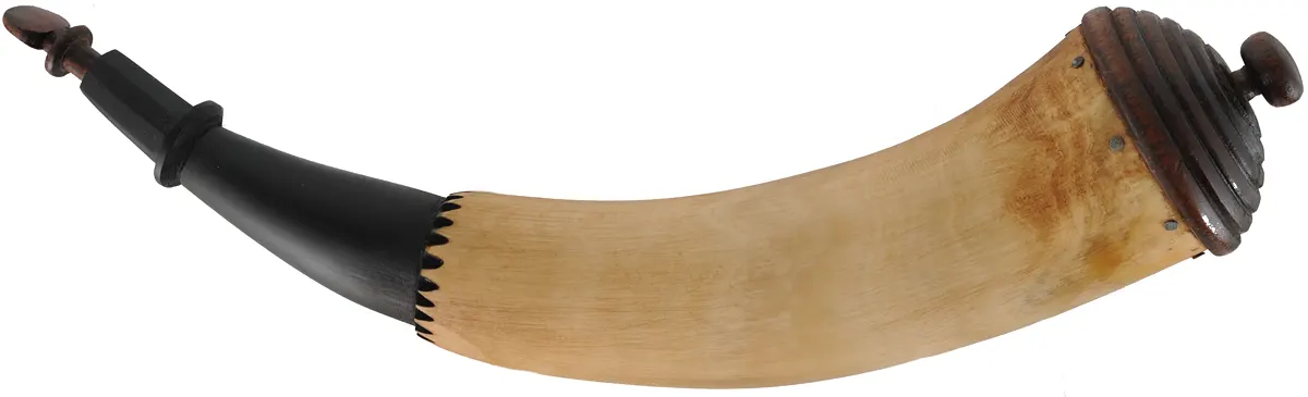 Powder Horn,
11-1/2", turned base,
engrailed, paneled tip