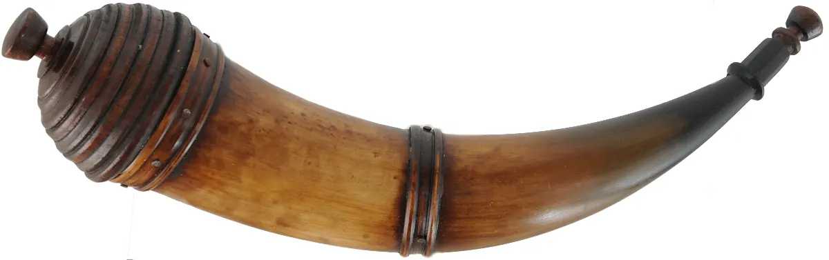 Powder Horn,
12-1/4", turned base,
paneled tip, two bands