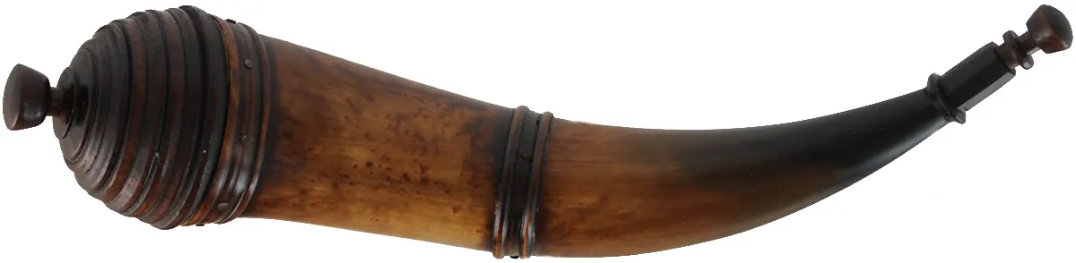 Powder Horn,
12-1/4", turned base,
paneled tip, two bands