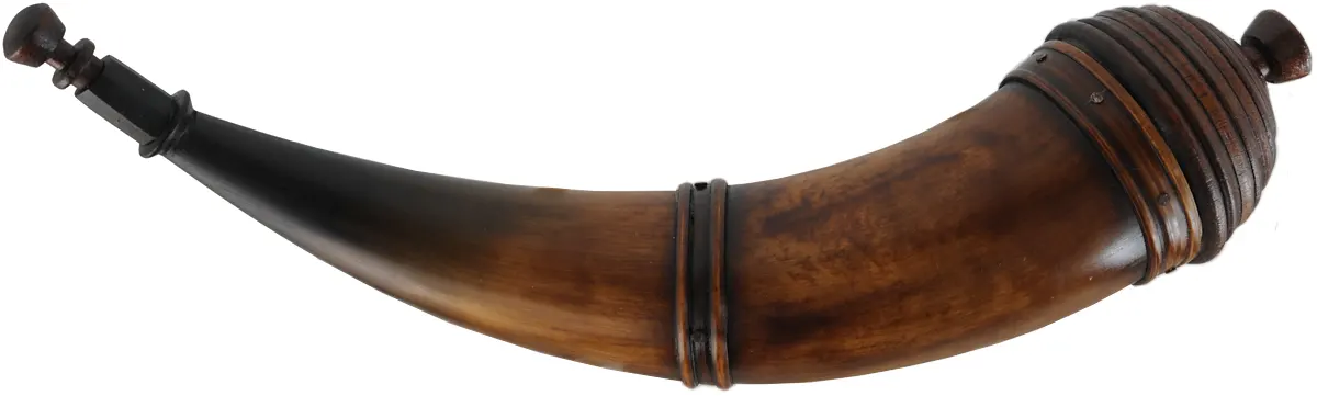 Powder Horn,
12-1/4", turned base,
paneled tip, two bands