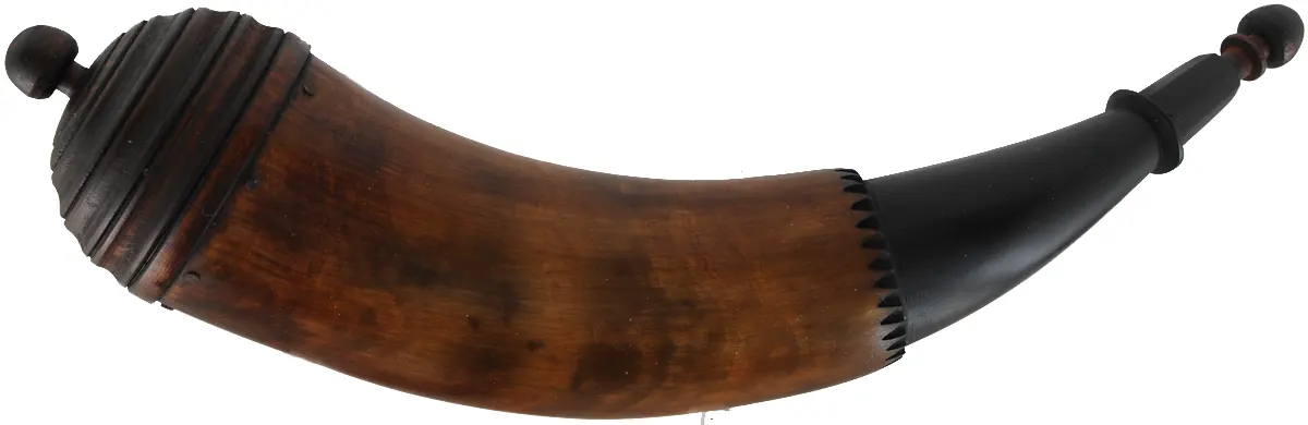 Powder Horn,
12-1/2", turned base,
engrailed, paneled tip