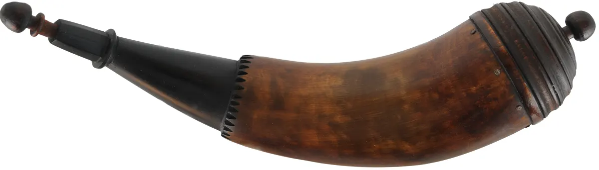 Powder Horn,
12-1/2", turned base,
engrailed, paneled tip