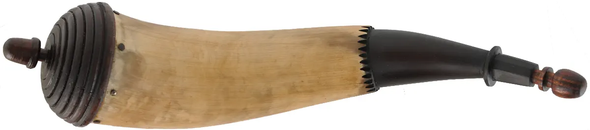 Powder Horn,
12-1/8", turned base,
engrailed, paneled tip