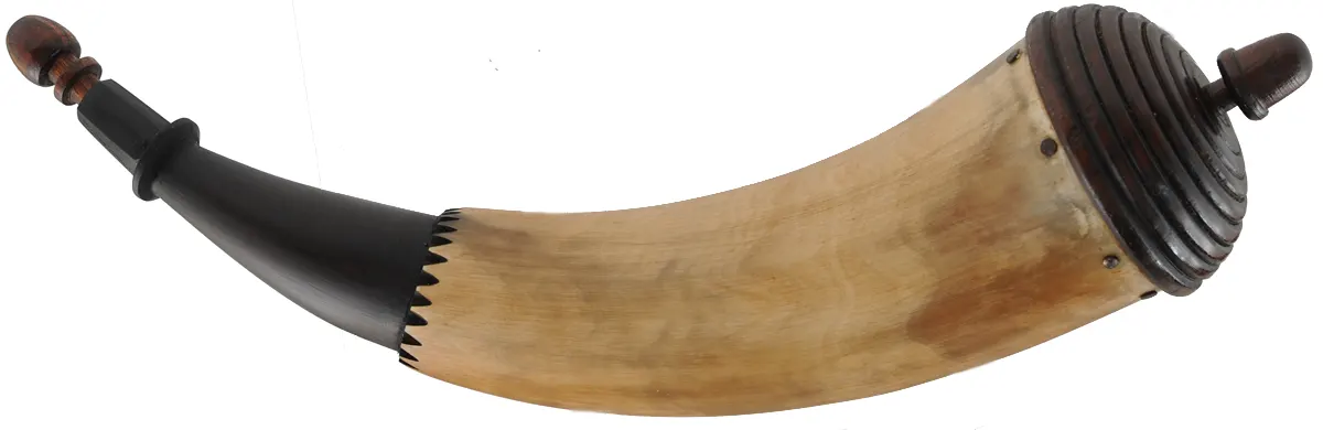 Powder Horn,
12-1/8", turned base,
engrailed, paneled tip