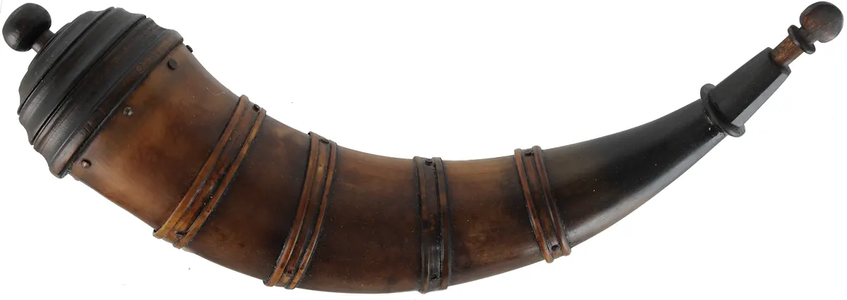 Banded Powder Horn,
13-1/2", turned base,
paneled tip, four bands