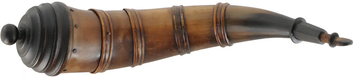 Banded Powder Horn,
13-1/2", turned base,
paneled tip, four bands