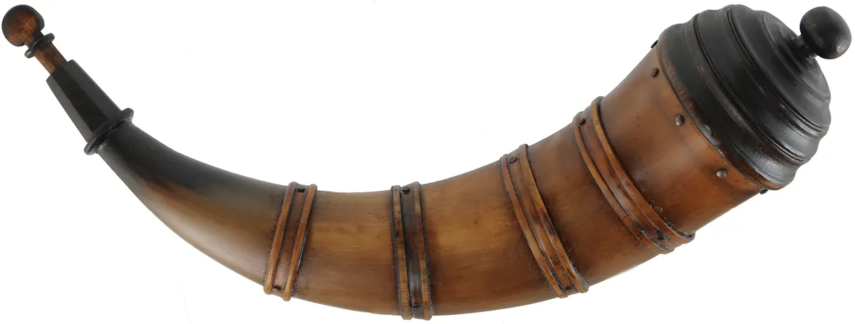 Banded Powder Horn,
13-1/2", turned base,
paneled tip, four bands
