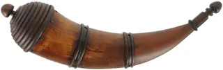 Powder Horn,
11-1/2", turned base,
paneled tip, two bands